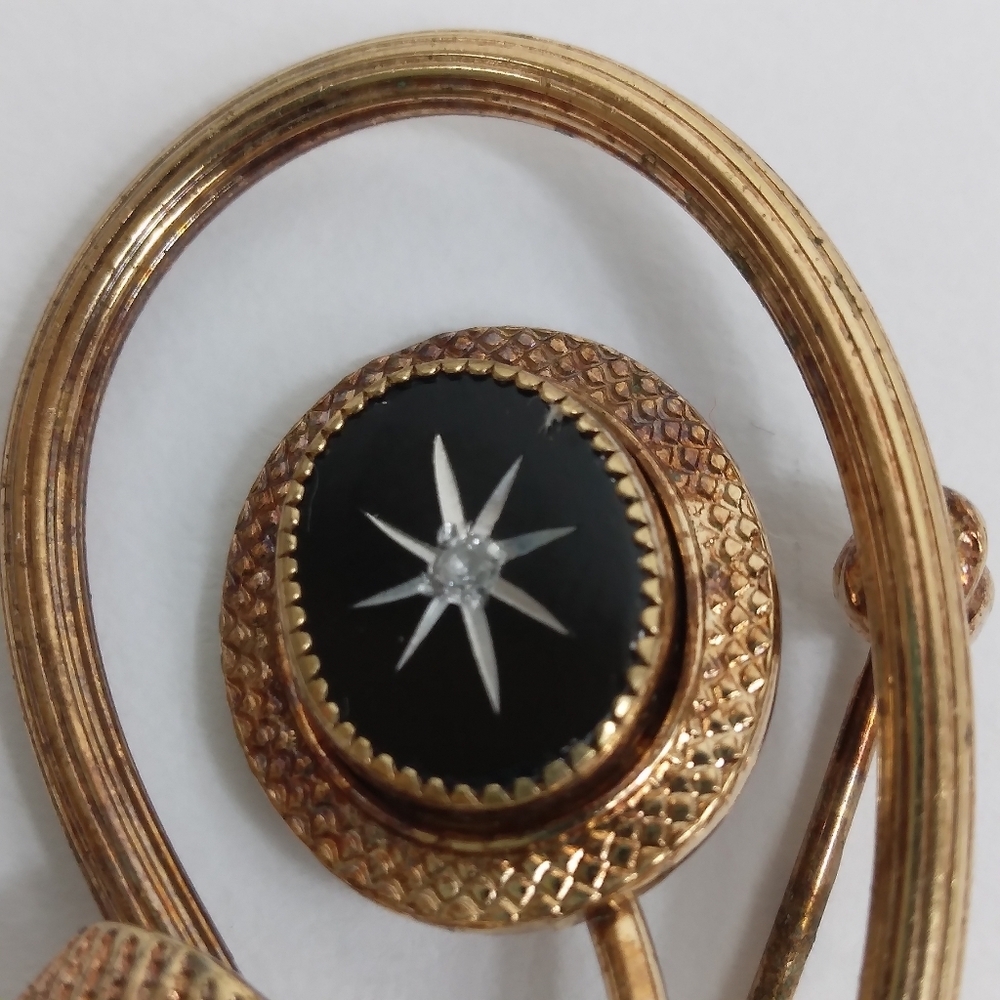 Unsigned Designer Black Glass 14K GF Clear Rhinestone Flower Brooch Vintage - Picture 4 of 7